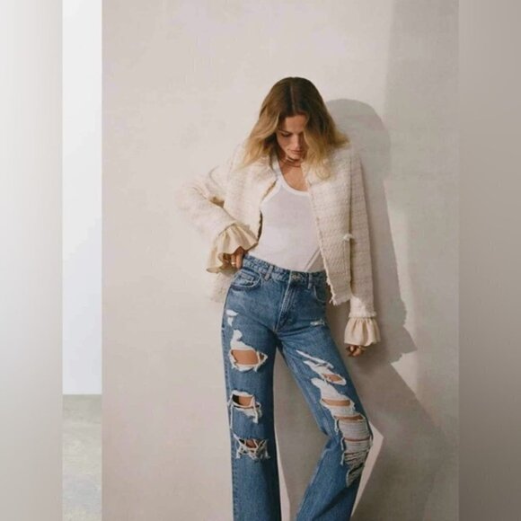 🩷 Mango, Tweed jacket with ruffled cuffs - Ecru. Size: S (US). NWT. - Picture 8 of 12